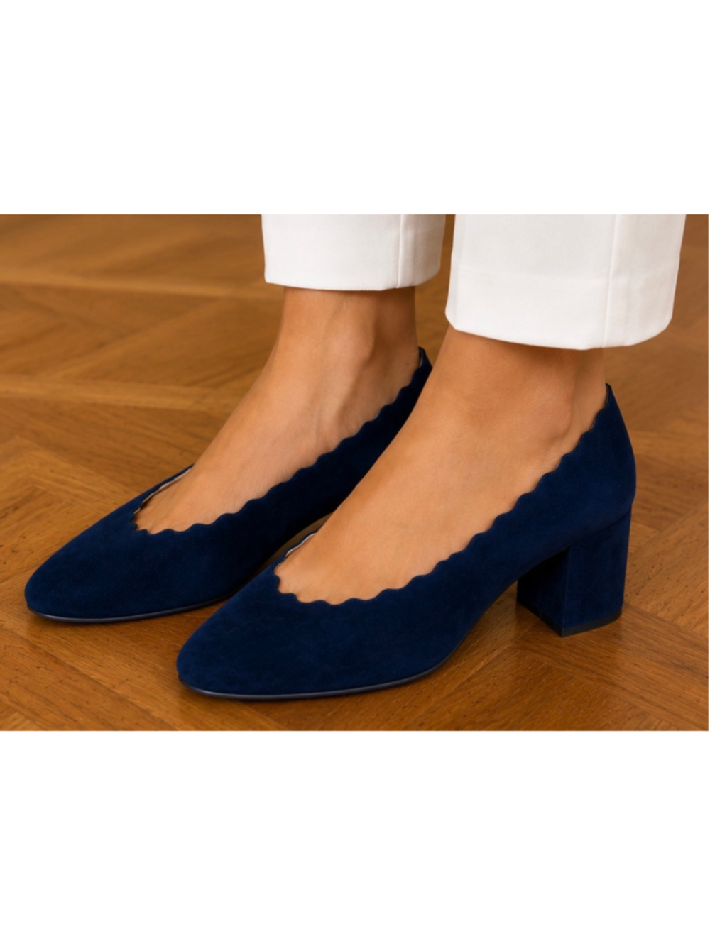 Chloe Suede Scalloped Block Heel Pumps Blue Size 41/10